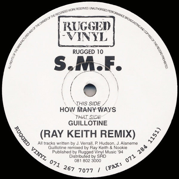 Image of Front Cover of 12" - VG+/VG - S.M.F., How Many Ways / Guillotine (Ray Keith Remix) (Rugged Vinyl Records; RUGGED 10, UK 1994, Company Sleeve), strong VG. original company sleeve,  - 3346042S