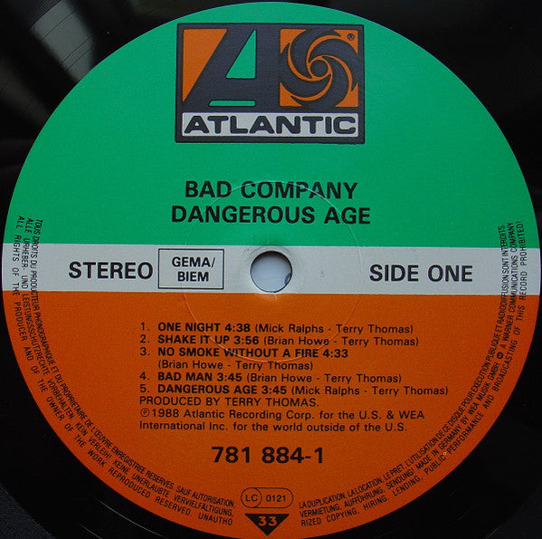 Image of Label Cover of LP - VG+/VG - BAD COMPANY, Dangerous Age (Atlantic; 781 884-1, Europe 1988), Strong VG, Promo Sticker On Back,  - 0816326C