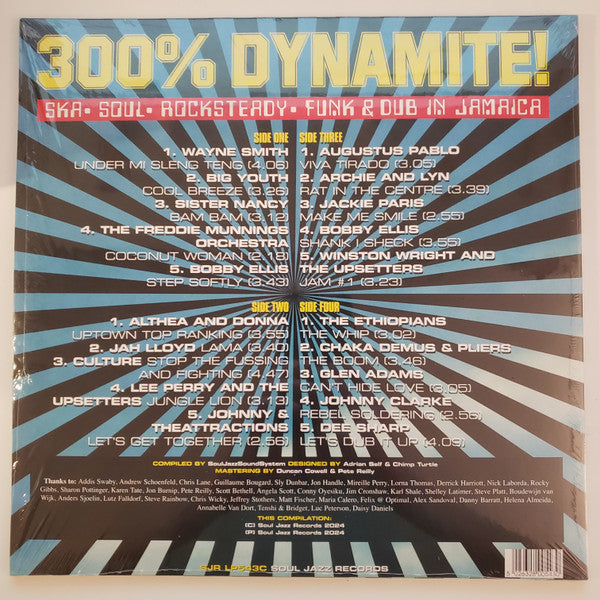 Image of Back Cover of 2xLP - VG+/G+ - VARIOUS ARTISTS, 300% Dynamite (Soul Jazz; SJRLP543C, Worldwide 2024 Reissue, 2 Inners, Blue Vinyl), ,  - 0816354C