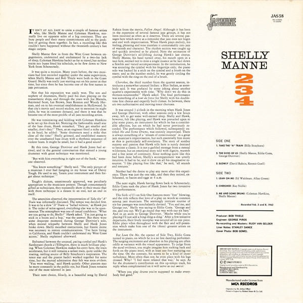 Image of Back Cover of LP - VG/VG - SHELLY MANNE, 234 (Jasmine Records; JAS 58, UK 1983 Reissue), Light Marks only. Library stickers to sleeve.,  - 0816470C