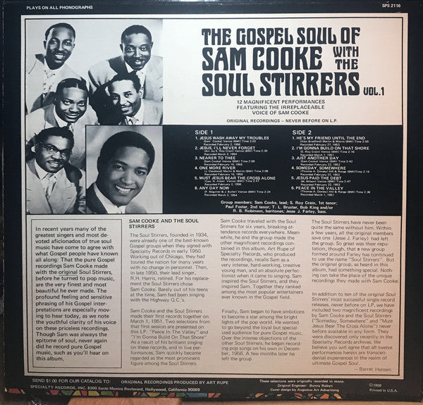 Image of Back Cover of LP - VG+/VG+ - SAM COOKE WITH THE SOUL STIRRERS, The Gospel Soul Of Sam Cooke With The Soul Stirrers Vol. 1 (Specialty; SPS 2116, US 1983 Reissue, Picture Sleeve), excellent copy all-round!,  - 1946048S
