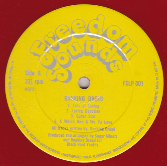 Image of Front Cover of LP - /VG+ - RANKING DREAD, Lots Of Loving (Freedom Sounds; FSLP 001, UK 1980, Plain Sleeve, Red Vinyl), Light marks only, sounds great. Plain sleeve., Tracklist:A1	Lots Of LovingA2	Loving DevotionA3	Super StarA4	A Which One A We Yu LoveB1	Come Sister ComeB2	Humble Lion PrayerB3	Wah-Go-A-AfricaB4	Nuh Trouble Natty Dread - 0816502C