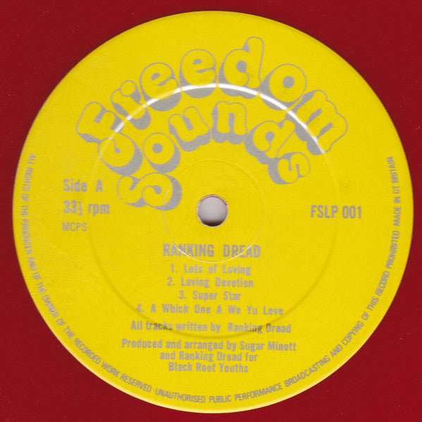 Image of Front Cover of LP - /VG+ - RANKING DREAD, Lots Of Loving (Freedom Sounds; FSLP 001, UK 1980, Plain Sleeve, Red Vinyl), Light marks only, sounds great. Plain sleeve., Tracklist:A1	Lots Of LovingA2	Loving DevotionA3	Super StarA4	A Which One A We Yu LoveB1	Come Sister ComeB2	Humble Lion PrayerB3	Wah-Go-A-AfricaB4	Nuh Trouble Natty Dread - 0816502C