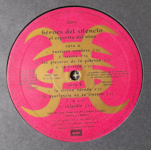 Image of Label Cover of LP - VG/G+ - H ROES DEL SILENCIO, El Esp ritu Del Vino (EMI; 190-7895581, Spain 1993, 2 Inners & Insert, DMM on matrix), Creasing and sticker residue on cover. Light hairlines around disc.,  - 0846286S