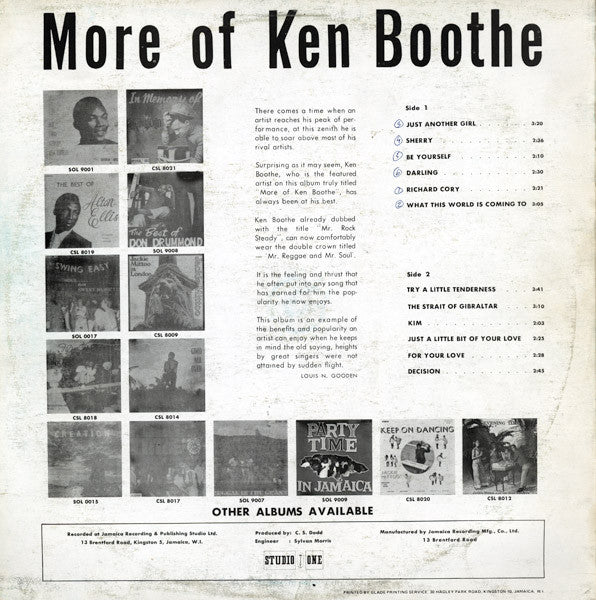 Image of Back Cover of LP - VG+/VG+ - KEN BOOTHE, More Of Ken Boothe (Studio One; SOL: 9010, US 1980s Reissue), Slightly fogged from press, plays clean VG+. Side A pressed slightly off-centre, nap. Light wear on sleeve.,  - 0816533C
