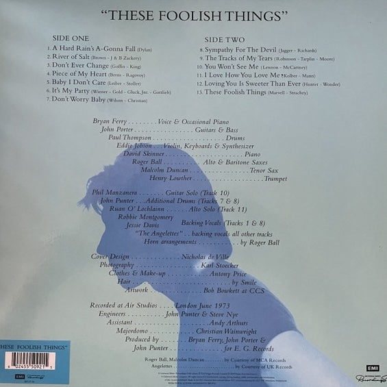 Image of Back Cover of LP - NEW/NEW - BRYAN FERRY, These Foolish Things (Virgin; BFLP1b, UK 2023 Reissue, 2 Inserts, Limited Edition, Remastered, 140g, Sky Blue Transparent Vinyl), ,  - 0836165E