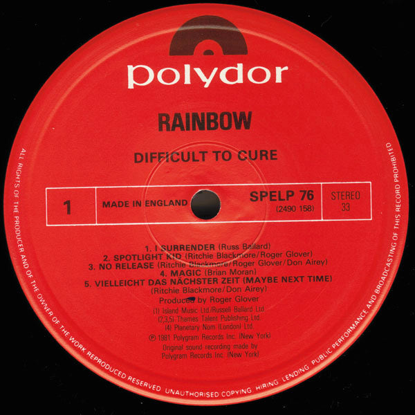 Image of Label Cover of LP - VG/VG - RAINBOW, Difficult To Cure (Polydor Red Labels; SPELP 76, UK 1984 Reissue, Made In England On labels), Fine hairlines ,  - 0816575C