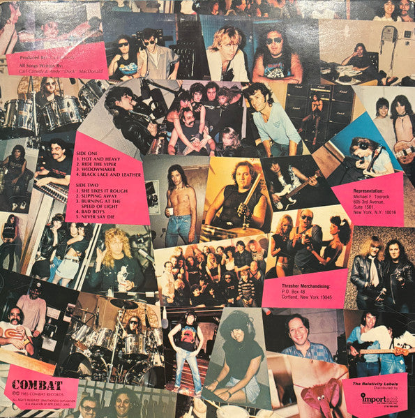 Image of Back Cover of LP - VG/VG - THRASHER, Super Session '85 (Combat; MX 8017, US 1985, No Inner), Hairlines on B side. Drill hole to top left corner of sleeve. Ring and light edge wear.,  - 0846377S