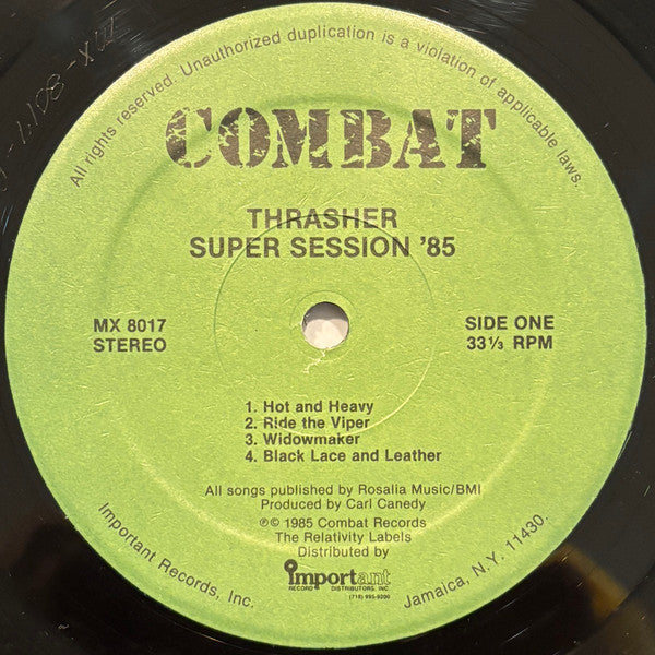 Image of Label Cover of LP - VG/VG - THRASHER, Super Session '85 (Combat; MX 8017, US 1985, No Inner), Hairlines on B side. Drill hole to top left corner of sleeve. Ring and light edge wear.,  - 0846377S