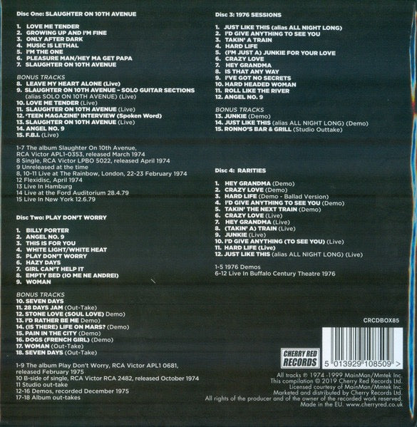 Image of Back Cover of 4xCD - VG+/VG+ - MICK RONSON, Only After Dark The Complete MainMan Recordings (Cherry Red; CRCDBOX85, UK 2019, Box Set, Inners), ,  - 4436103E