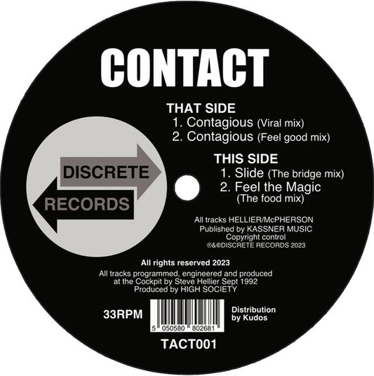 Image of Front Cover of 12" - VG+/VG+ - CONTACT, Contagious (Discrete Records; TACT001, UK 2023 Reissue, Stickered Plain Sleeve), Some faint hairlines, otherwise lovely copy., A1		Contagious (Viral Mix)A2		Contagious (Feel Good Mix)B1		Slide (The Bridge Mix)B2		Feel The Magic (The Food Mix) - 0816661C