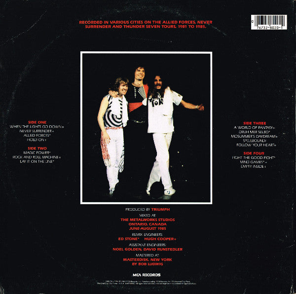 Image of Back Cover of 2xLP - VG/VG - TRIUMPH, Stages (MCA Records; MCA2-8020, US 1985, Gatefold), Strong VG all around. Scuffs and hairlines. Notch cut to lower part of spine, ring and edge wear.,  - 0846382S