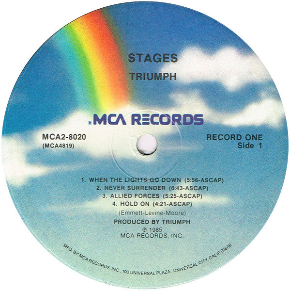 Image of Label Cover of 2xLP - VG/VG - TRIUMPH, Stages (MCA Records; MCA2-8020, US 1985, Gatefold), Strong VG all around. Scuffs and hairlines. Notch cut to lower part of spine, ring and edge wear.,  - 0846382S
