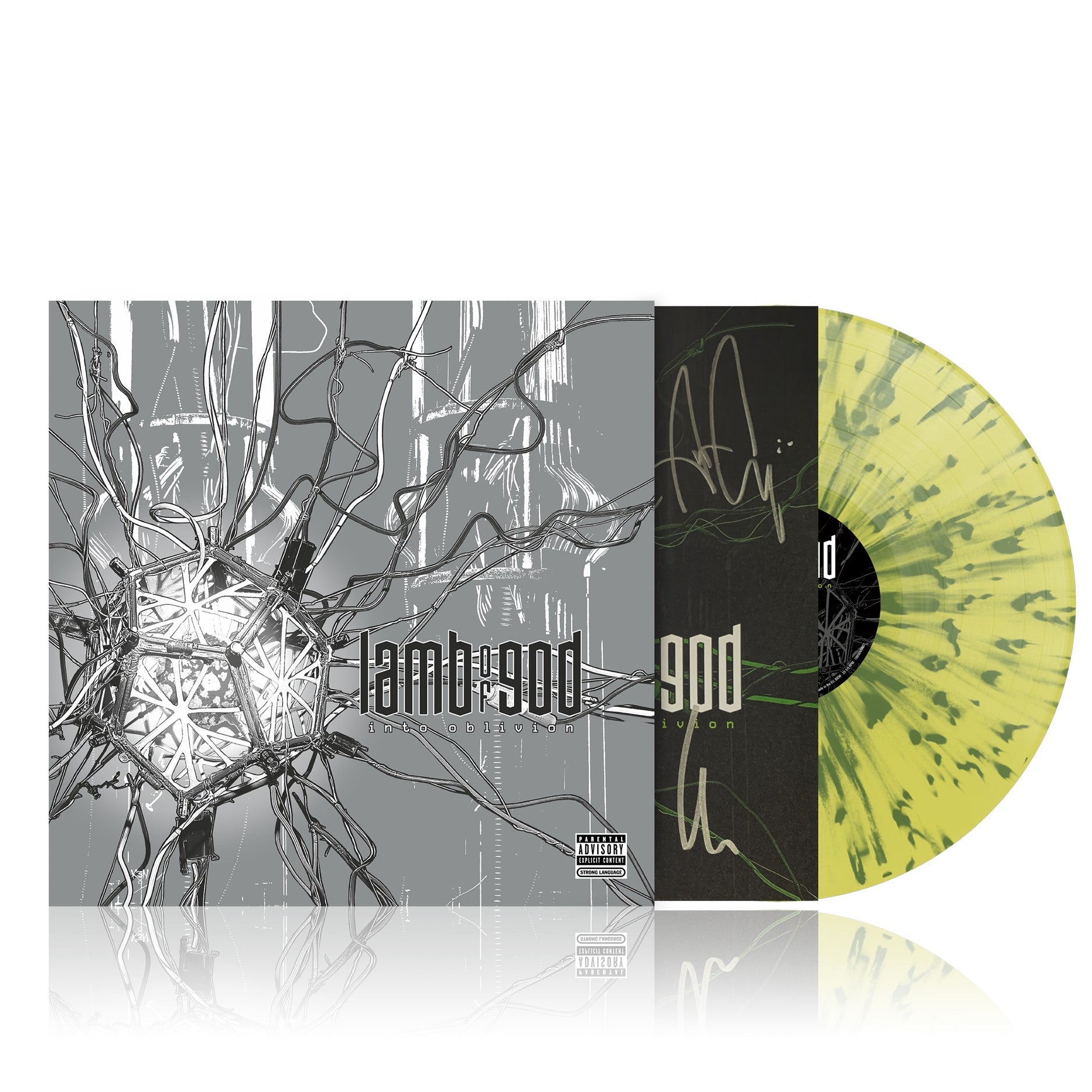 Image of Front Cover of LP - NEW/NEW - LAMB OF GOD, Into Oblivion (Century Media; 19958406681, Europe 2026, 12 Page Booklet, Indies Exclusive Transparent Light Yellow & Green Splatter LP, Signed Card, Bonus Track "Wire", Alternate Cover Art), ,  - 9092605C