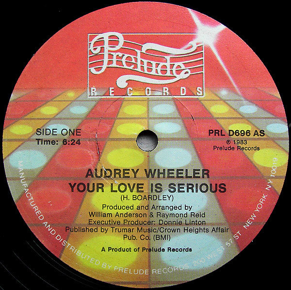 Image of Front Cover of 12" - /VG - AUDREY WHEELER, Your Love Is Serious / Yes, I'm Ready (Prelude Records; PRL D 696, US 1983), Notable mark on B-side. Label has ripped sticker and damage,  - 2816286C
