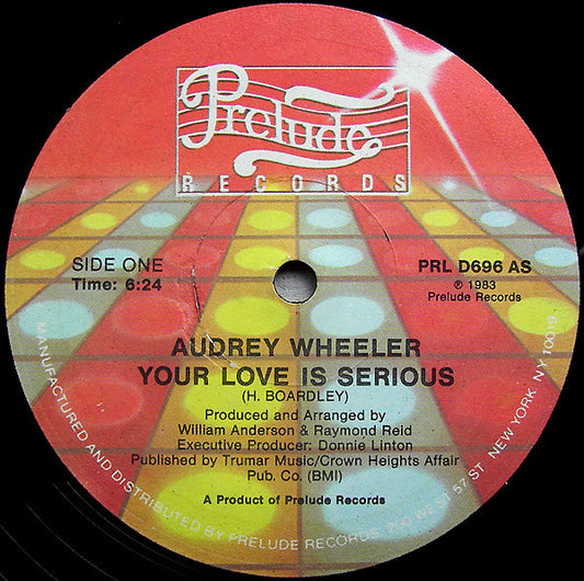 Image of Front Cover of 12" - /VG - AUDREY WHEELER, Your Love Is Serious / Yes, I'm Ready (Prelude Records; PRL D 696, US 1983), Notable mark on B-side. Label has ripped sticker and damage,  - 2816286C