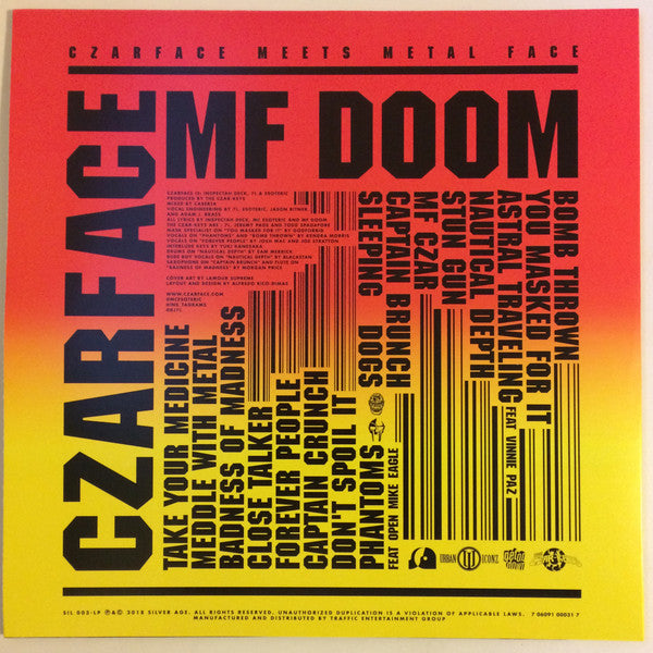 Image of Back Cover of 2xLP - VG+/VG - CZARFACE, MF DOOM, Czarface Meets Metal Face (Silver Age; SIL003LP, US 2018, Poster, Grern & Blue Vinyl. No CD or T Shirt.), No CD. No t-shirt. Slight warp to both discs. Otherwise, VG+. Still in shrinkwrap. Light wear to opening edge.,  - 0946076S