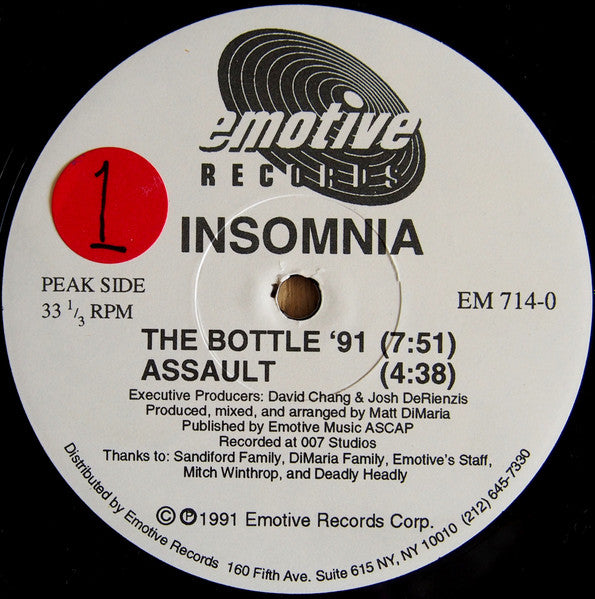 Image of Back Cover of 12" - /VG - INSOMNIA, I'll Be There (Emotive Records; EM 714-0, US 1991), , A1		I'll Be There (Late Night Mix)	A2		I'll Be There (After Hours Mix)B1		The Bottle '91B2		Assault	 - 2746206S