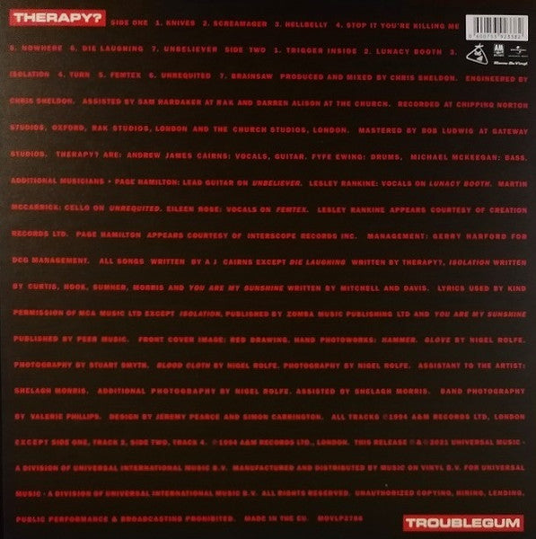 Image of Back Cover of LP - VG+/EX - THERAPY?, Troublegum (Music On Vinyl; MOVLP2786, Europe 2021, Insert, 180 Gram Black Vinyl), No MOV hype stickered outer.,  - 0916157C
