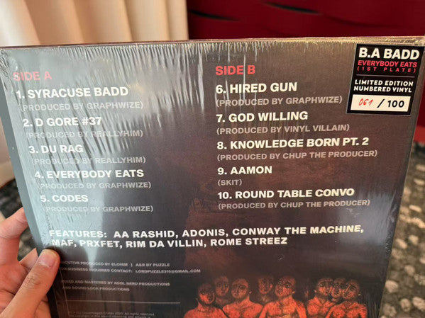 Image of Back Cover of LP - VG/VG+ - B.A. BADD, Everybody Eats (1st plate) (Copenhagen Crates; CC036, Denmark 2020, Limited edition 57/100), Small tear ontop of sleeve,  - 0946128S