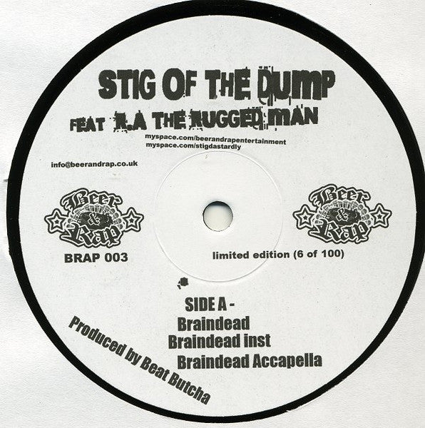 Image of Front Cover of 12" - VG+/G+ - STIG OF THE DUMP FEATURING R.A. THE RUGGED MAN, Braindead (Beer & Rap; BRAP 003, UK 2007), Some marks on vinyl, should not effect playback,  - 0946133S