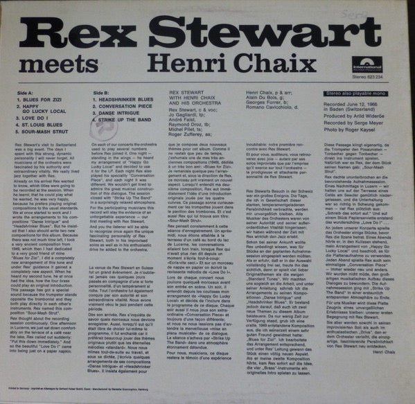 Image of Back Cover of LP - VG+/VG - REX STEWART, HENRI CHAIX, Rex Stewart Meets Henri Chaix (International Polydor Production; 623 234, Germany 1966, Laminated Sleeve), Strong VG,  - 0916228C