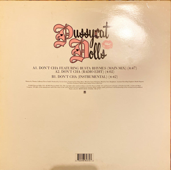 Image of Back Cover of 12" - VG+/VG+ - PUSSYCAT DOLLS FEATURING BUSTA RHYMES, Don't Cha (A&M Records; 988 437-0, Europe 2005, Picture Sleeve), ,  - 2916258C