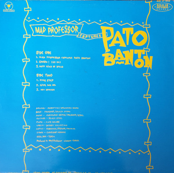 Image of Back Cover of 5124011E: LP - PATO BANTON, Mad Professor Captures Pato Banton (Ariwa; ARI LP 023, UK 1985, Picture Sleeve) cornerwear to sleeve.  VG+/VG