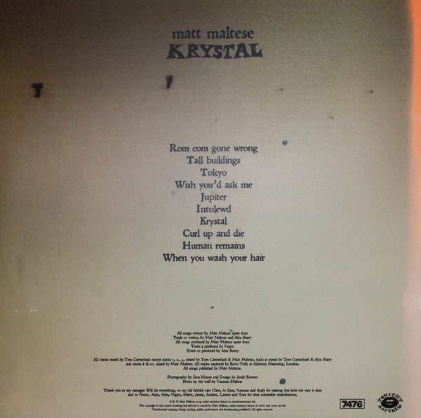 Image of Back Cover of LP - EX/EX - MATT MALTESE, Krystal (7476 ; 7476001, UK 2019, Poster), Opened Instore, Still In Stickered Shrinkwrap,  - 0926196E