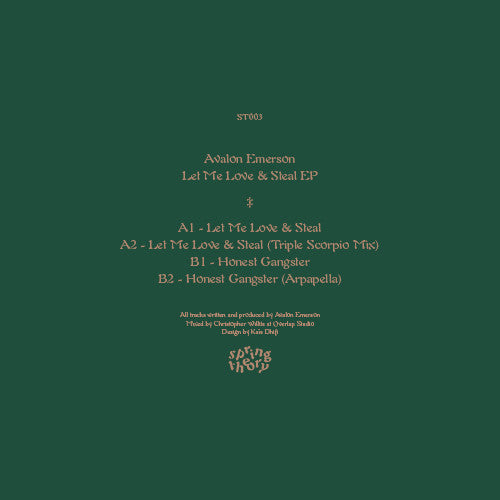 Image of Back Cover of 12" EP - G+/VG+ - AVALON EMERSON, Let Me Love & Steal (Spring Theory; ST 003, US 2014, Textured Sleeve), Some light damage at edges of sleeve and creased corners, A1 Let Me Love & StealA2 Let Me Love & Steal (Triple Scorpio Mix)B1 Honest GangsterB2 Honest Gangster (Arpapella) - 0916347C