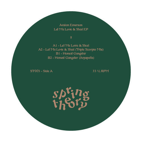 Image of Label Cover of 12" EP - G+/VG+ - AVALON EMERSON, Let Me Love & Steal (Spring Theory; ST 003, US 2014, Textured Sleeve), Some light damage at edges of sleeve and creased corners, A1 Let Me Love & StealA2 Let Me Love & Steal (Triple Scorpio Mix)B1 Honest GangsterB2 Honest Gangster (Arpapella) - 0916347C