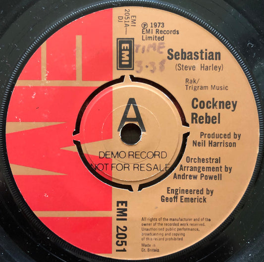 Image of Front Cover of 7" - VG/VG - COCKNEY REBEL, Sebastian (EMI; EMI 2051, UK 1970s, A Label Demo, Company Sleeve, Demo Record Not For Resale), ,  - 0916391C