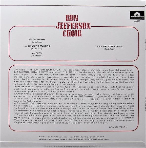 Image of Back Cover of LP - VG+/VG+ - RON JEFFERSON CHOIR, Ron Jefferson Choir (Sam Records; 46871, France 2021 Reissue, Flipback Sleeve, Mono; 180g), ,  - 0916415C