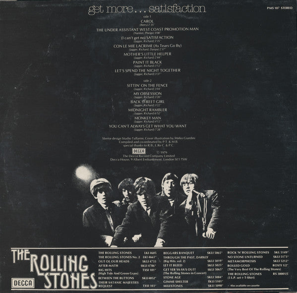 Image of Back Cover of LP - G+/VG - THE ROLLING STONES, Get More...Satisfaction (Decca; PMS 107, Italy 1979), Sleeve has ringwear and creases. Light marks on the vinyl.,  - 0926372E