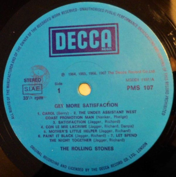 Image of Label Cover of LP - G+/VG - THE ROLLING STONES, Get More...Satisfaction (Decca; PMS 107, Italy 1979), Sleeve has ringwear and creases. Light marks on the vinyl.,  - 0926372E