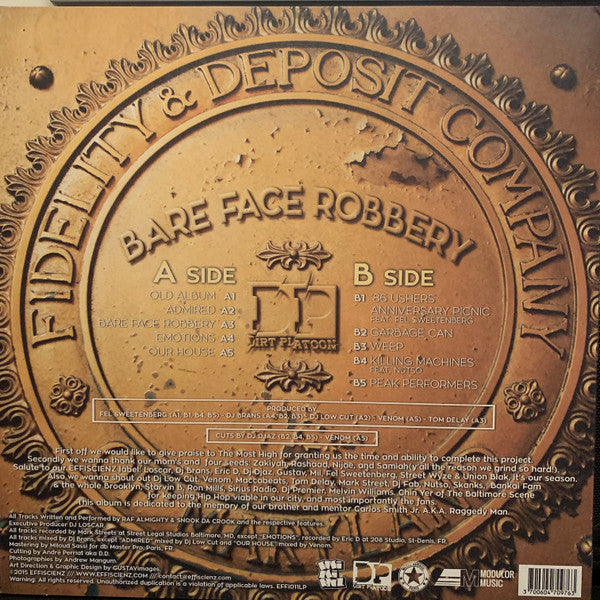 Image of Back Cover of LP - VG+/EX - DIRT PLATOON, Bare Face Robbery (Effiscienz; EFFI011LP, France 2015, Black Inner, Limited Edition, Yellow Vinyl), Cover still in shrink.,  - 0946364S