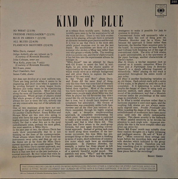 Image of Back Cover of LP - VG/VG - MILES DAVIS, Kind Of Blue (CBS Sunburst; BPG 62066, UK 1984 Reissue, Limited Edition. SUPERCUT), Record has some of the lightest hairlines but mostly appears glossy. Sleeve has edgewear, small creases, Supercut sticker.,  - 0926329E