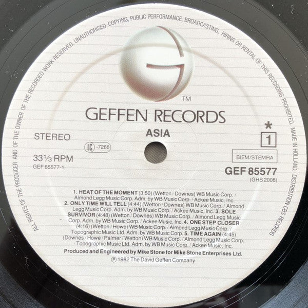 Image of Label Cover of LP - VG/VG - ASIA, Asia (Geffen Records; 85577, Europe 1980s Reissue, Inner, Label Rim Text Ending IN CBS Records), Light hairlines. Hype stickered sleeve,  - 0916468C