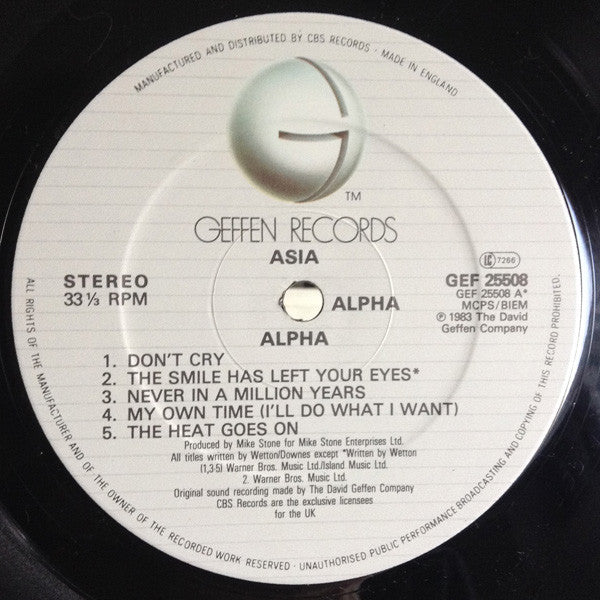 Image of Label Cover of LP - VG/VG - ASIA, Alpha (Geffen Records; GEF 25508, UK 1983, Insert), ,  - 0916469C