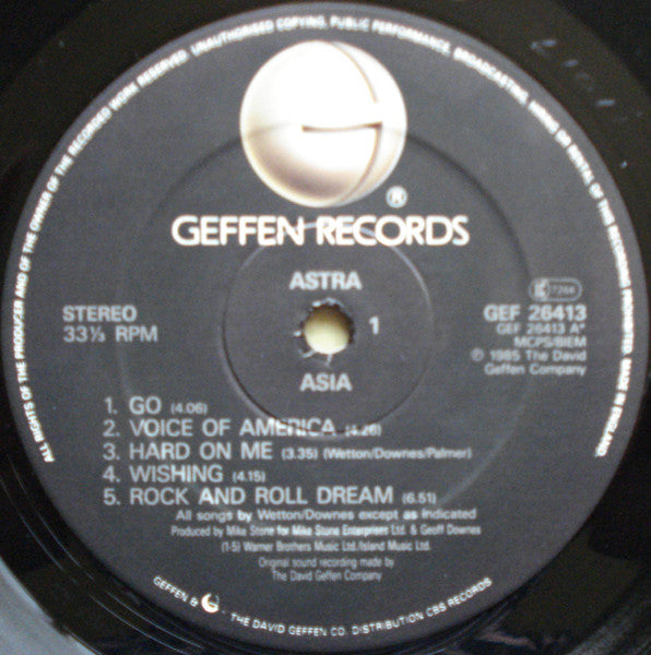 Image of Label Cover of LP - VG/VG+ - ASIA, Astra (Geffen Records; GEF 26413, UK 1985), ,  - 0916470C
