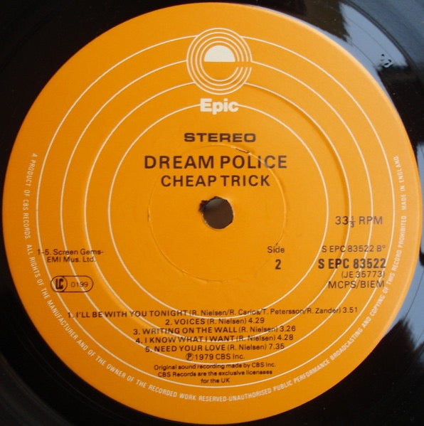 Image of Label Cover of LP - VG/VG - CHEAP TRICK, Dream Police (Epic; 83522, UK 1979, Gatefold, Insert), Strong VG, Gold Promo Stamp On Rear Sleeve,  - 0916476C
