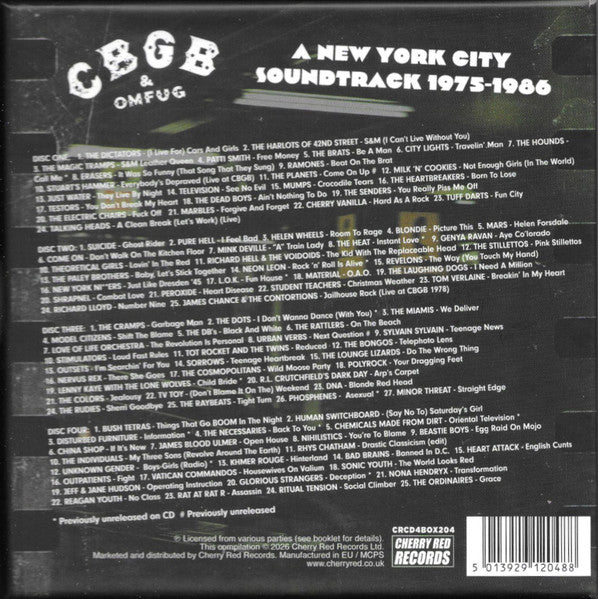 Image of Back Cover of 4xCD - M/M - VARIOUS, CBGB & OMFUG - A New York City Soundtrack 1975-1986 (Cherry Red; CRCD4BOX204, UK 2026, Box Set, Booklet), Still SEALED In Shrinkwrap,  - 4136105E