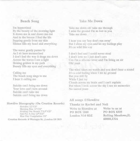 Image of Back Cover of 7" - EX/EX - SLOWDIVE, Beach Song / Take Me Down (Sunday Records ; Sunday 004, US 1992, One Sheet Sleeve, Blue Flexidisc, No Stickered Plain Outer), ,  - 0926413E