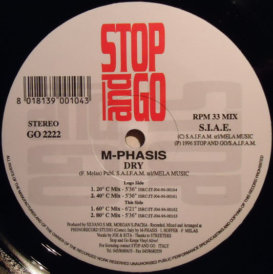 Image of Front Cover of 12" - VG+/VG+ - M-PHASIS, Dry (Stop And Go; GO 2222, Italy 1996), ,  - 0946378S
