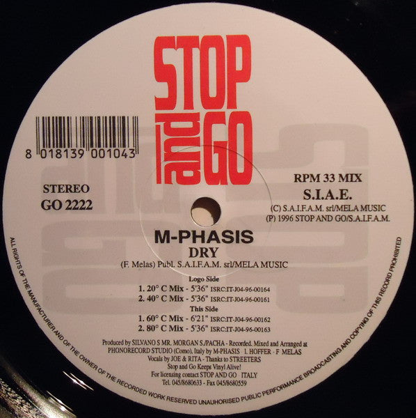 Image of Front Cover of 12" - VG+/VG+ - M-PHASIS, Dry (Stop And Go; GO 2222, Italy 1996), ,  - 0946378S