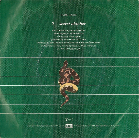 Image of Back Cover of 7" - VG+/EX - DURAN DURAN, Union Of The Snake (EMI ; 1A 006-1653850, Netherlands 1983, Picture Sleeve, With Six Inch Flexi Disc), Ring Wear,  - 0926404E
