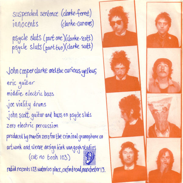 Image of Back Cover of 7" EP - VG/EX - JOHN COOPER CLARK, Innocents E.P. (Rabid Records; TOSH 103, UK 1977, Gatefold), Edge and Ring Wear,  - 0926392E