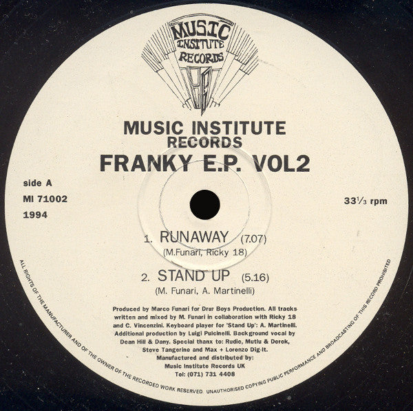Image of Front Cover of 12" - /VG+ - MARCO FUNARI, Franky E.P. Vol. 2 (Music Institute Records; MI 71002, UK 1994), ,  - 0946390S