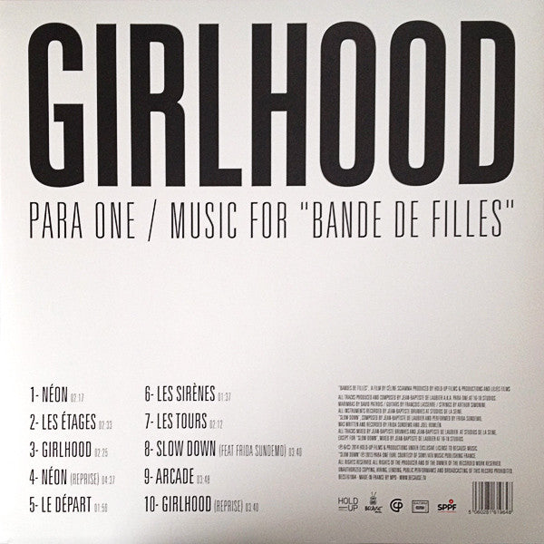 Image of Back Cover of LP - VG/VG+ - PARA ONE, Girlhood (Music For "Bande De Filles") (Because Music ; BEC5161964, France 2014), ,  - 0926425E