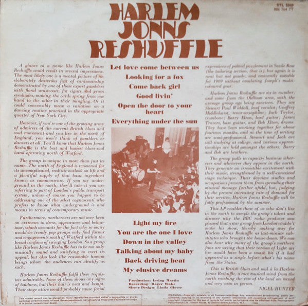 Image of Back Cover of LP - VG/VG - HARLEM JONNS RESHUFFLE, Harlem Jonns Reshuffle (Fontana; STL 5509, UK 1969), ,  - 0926299E